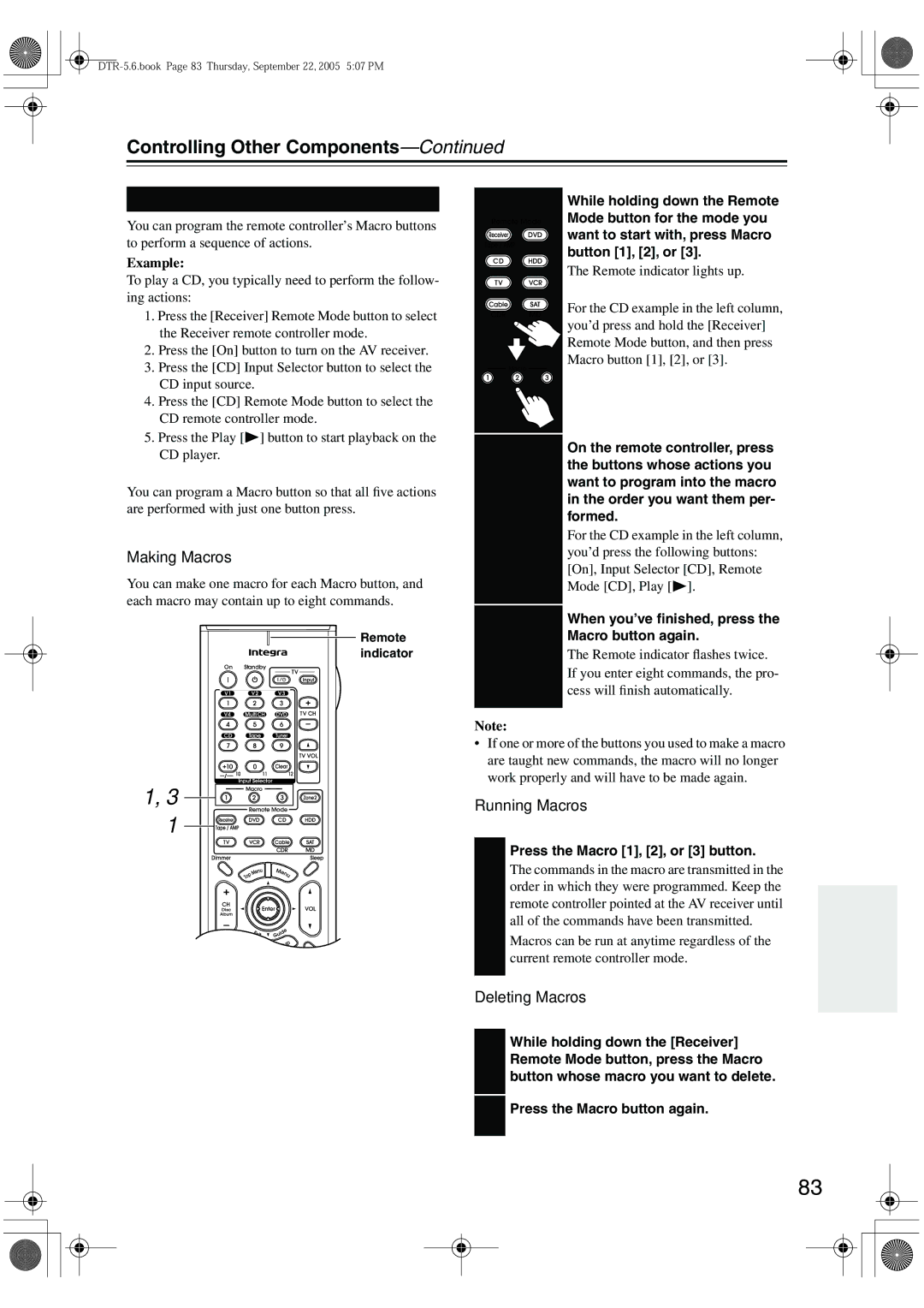 Integra DTR-5.6 instruction manual Using Macros, Making Macros, Running Macros, Deleting Macros 