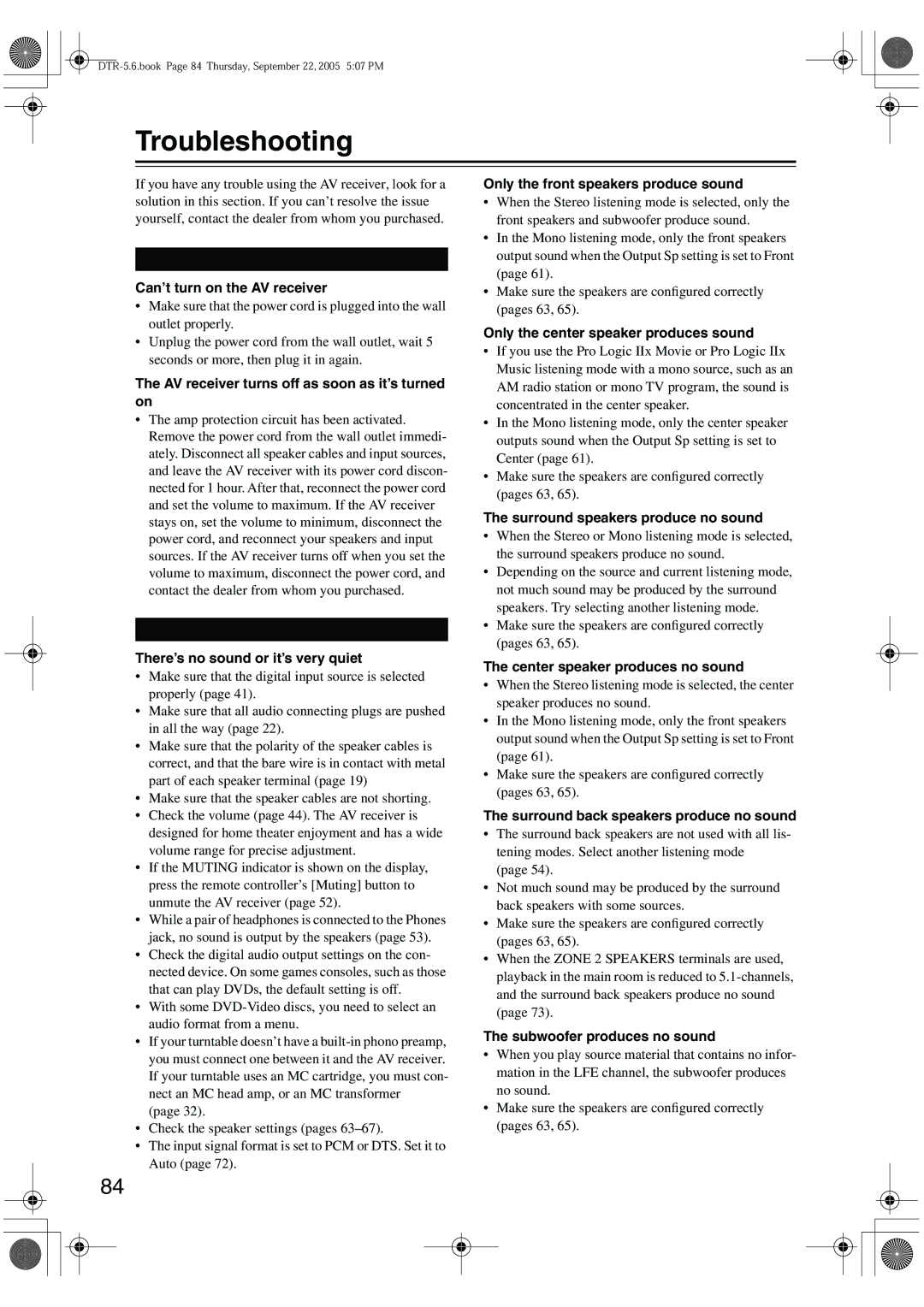 Integra DTR-5.6 instruction manual Troubleshooting 