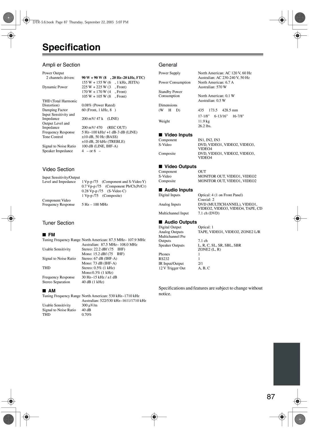 Integra DTR-5.6 instruction manual Speciﬁcation, Ampliﬁer Section, General, Video Section, Tuner Section 