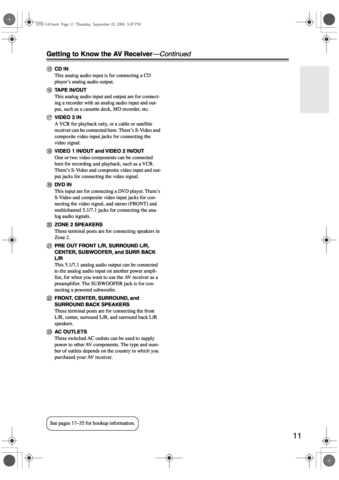 Integra DTR-5.6 instruction manual Getting to Know the AV Receiver—Continued, Ocd In 