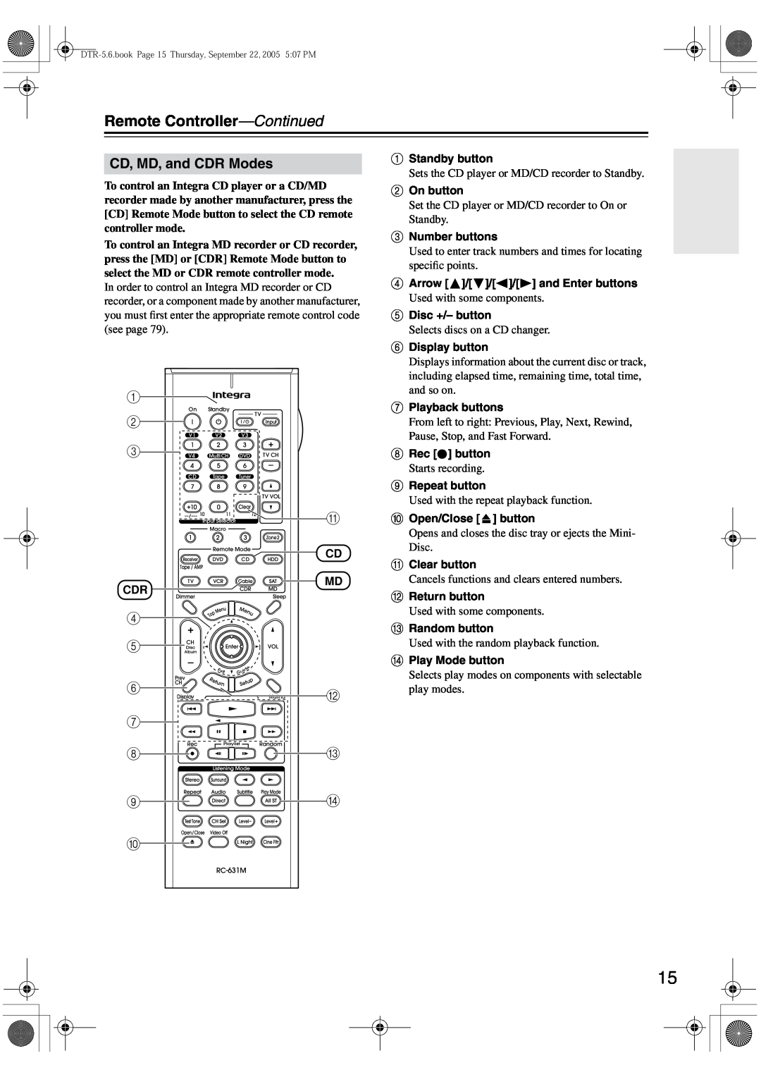 Integra DTR-5.6 instruction manual CD, MD, and CDR Modes, Remote Controller-Continued 
