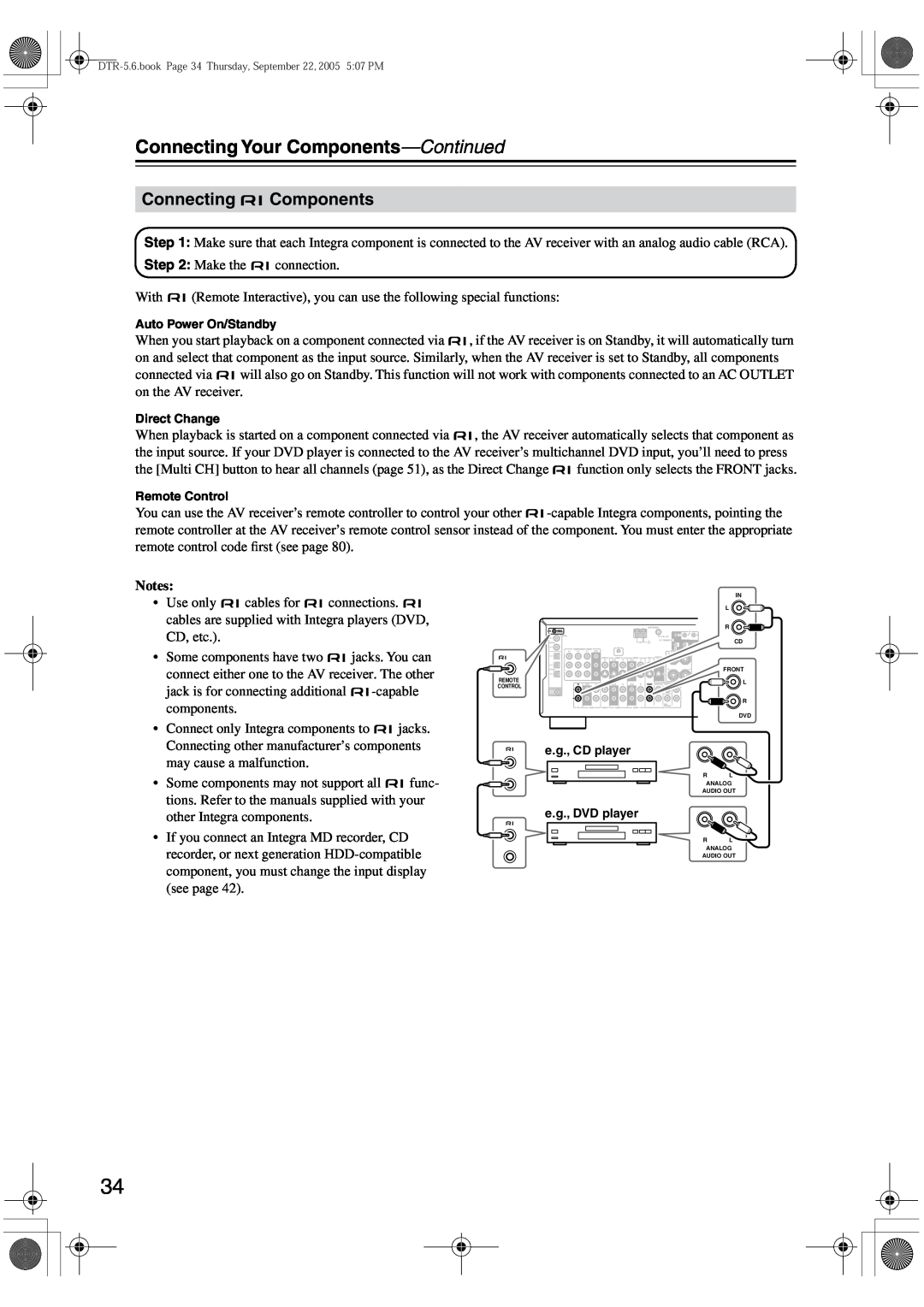 Integra DTR-5.6 instruction manual Connecting Components, Connecting Your Components—Continued, Notes 