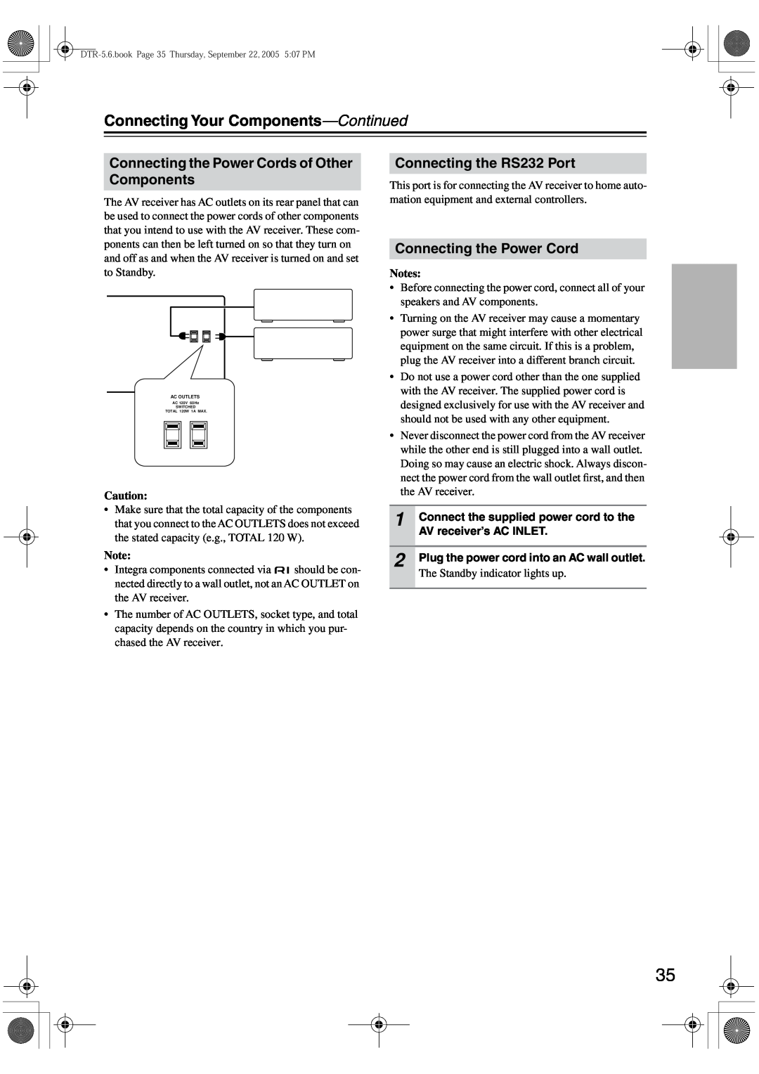 Integra DTR-5.6 instruction manual Connecting the Power Cords of Other Components, Connecting the RS232 Port, Notes 