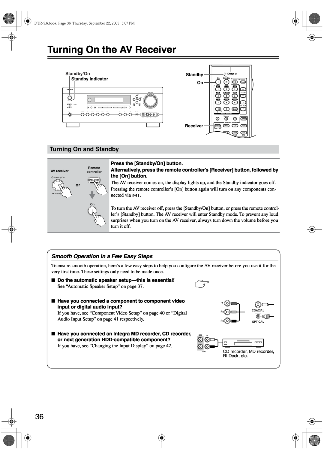 Integra DTR-5.6 instruction manual Turning On the AV Receiver, Turning On and Standby, Smooth Operation in a Few Easy Steps 