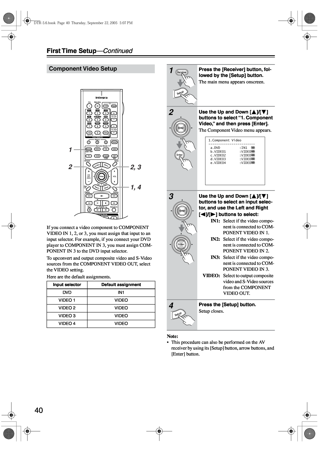Integra DTR-5.6 instruction manual 1 22, Component Video Setup, First Time Setup—Continued 