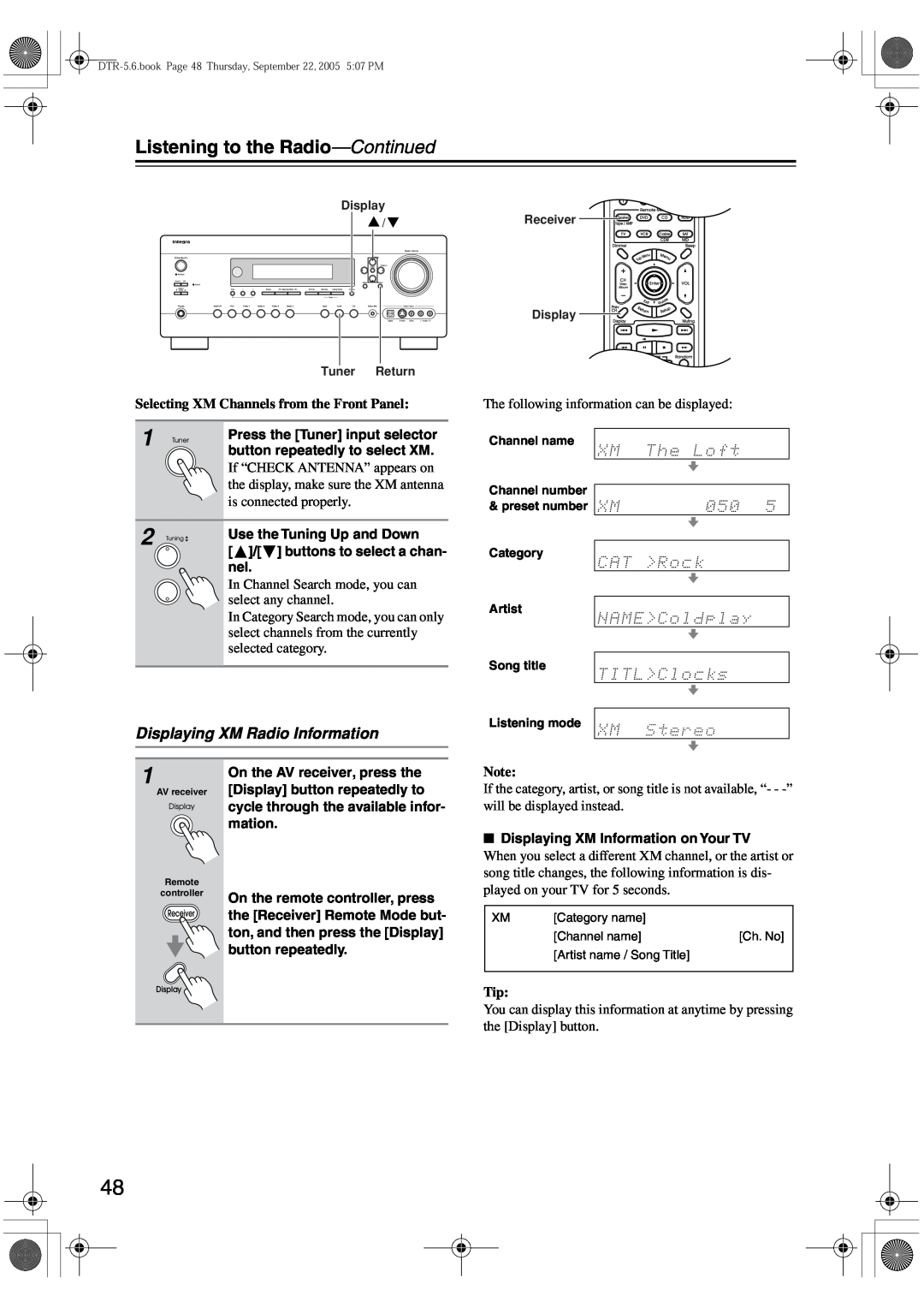 Integra DTR-5.6 instruction manual Displaying XM Radio Information, Selecting XM Channels from the Front Panel 