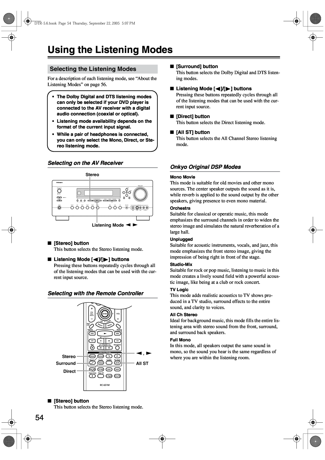 Integra DTR-5.6 instruction manual Using the Listening Modes, Selecting the Listening Modes, Selecting on the AV Receiver 