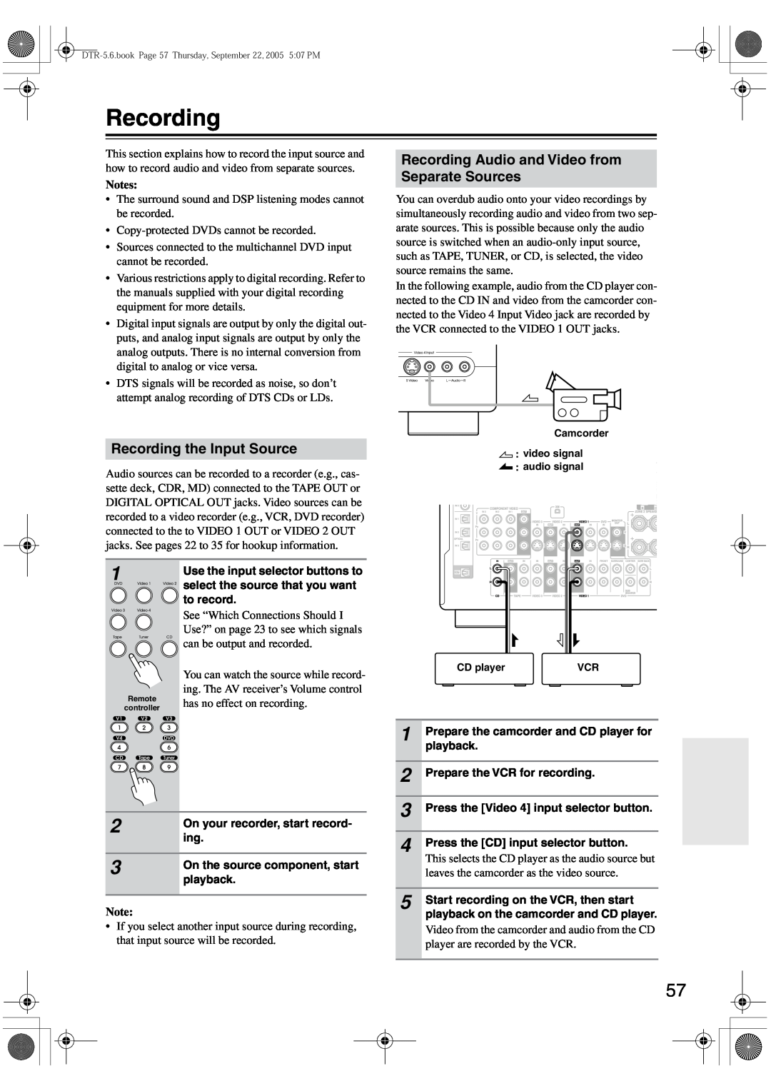 Integra DTR-5.6 instruction manual Recording Audio and Video from Separate Sources, Recording the Input Source, Notes 
