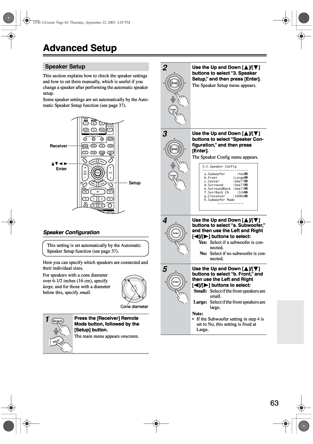 Integra DTR-5.6 instruction manual Advanced Setup, Speaker Setup, Speaker Conﬁguration 