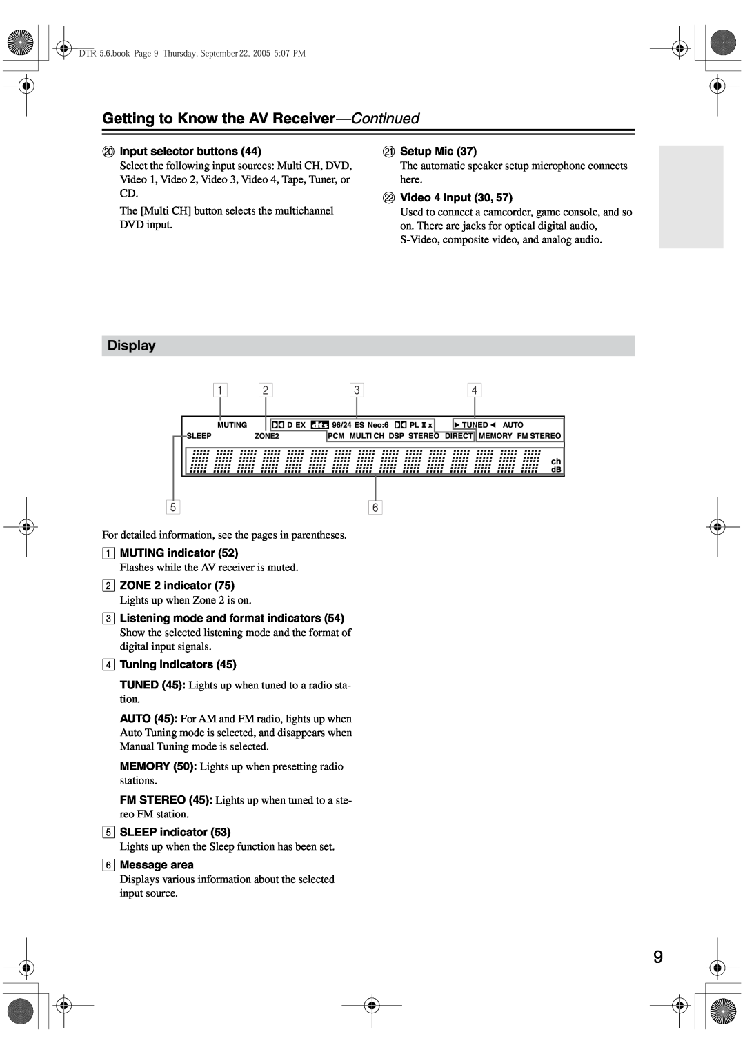 Integra DTR-5.6 instruction manual Getting to Know the AV Receiver—Continued, Display 
