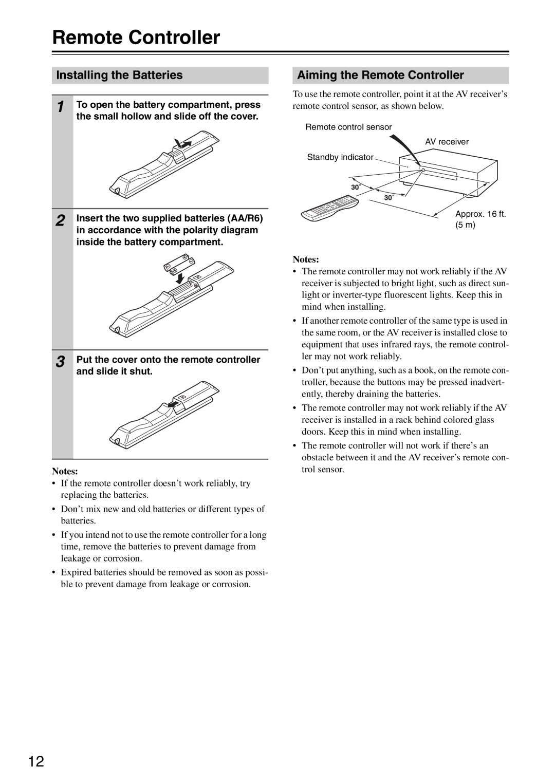 Integra DTR-5.8 instruction manual Installing the Batteries, Aiming the Remote Controller 