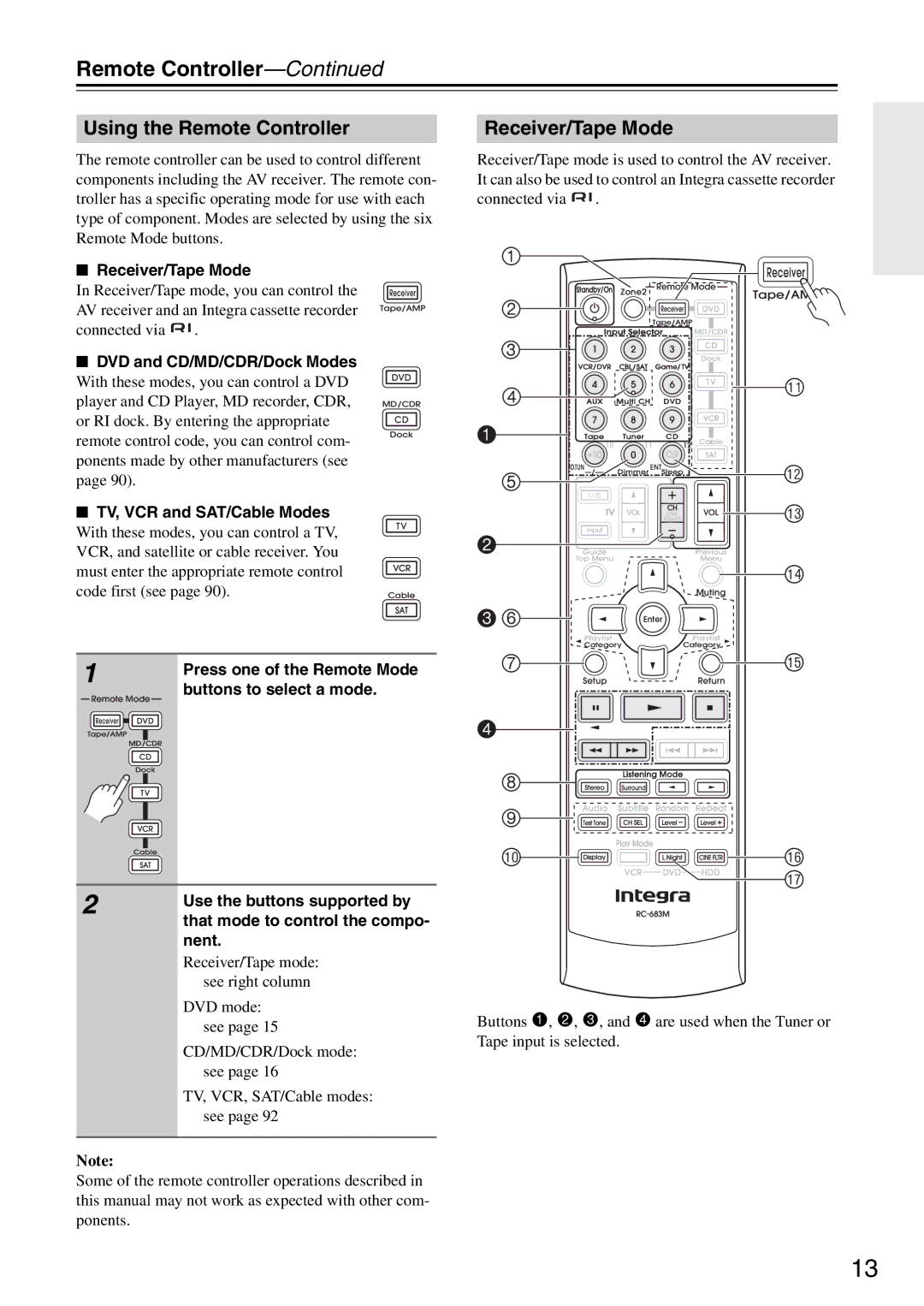 Integra DTR-5.8 instruction manual Using the Remote Controller, Receiver/Tape Mode 