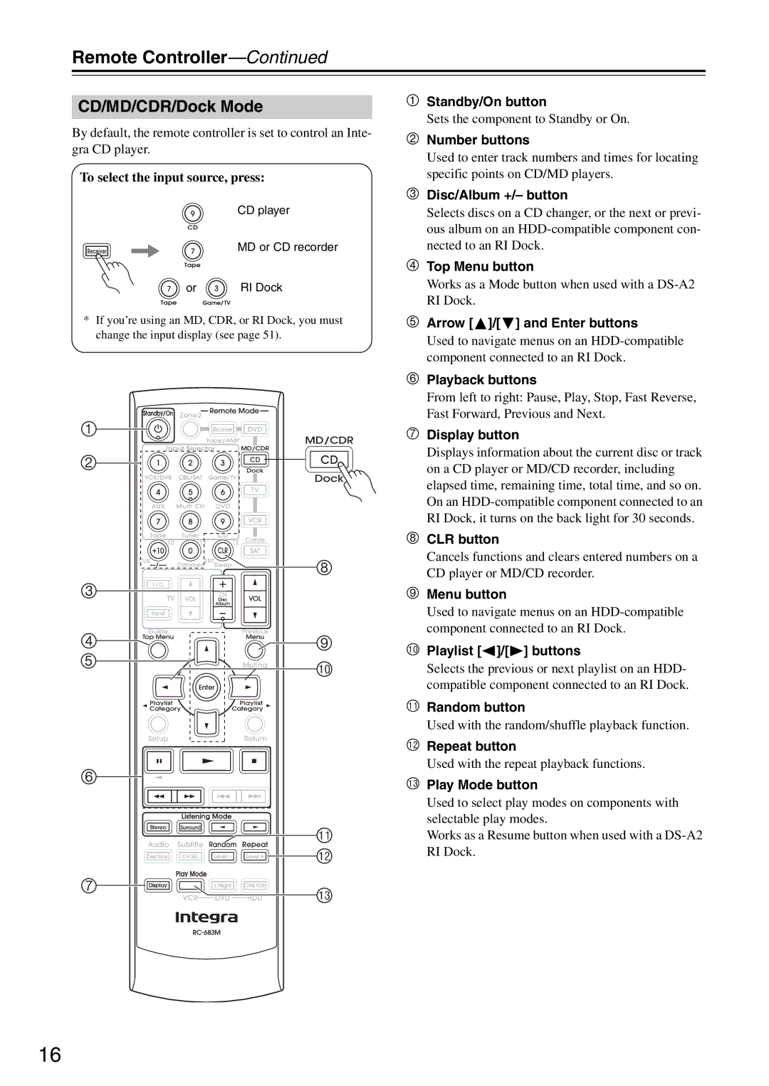 Integra DTR-5.8 CD/MD/CDR/Dock Mode, To select the input source, press,  Disc/Album +/- button, Playlist / buttons 