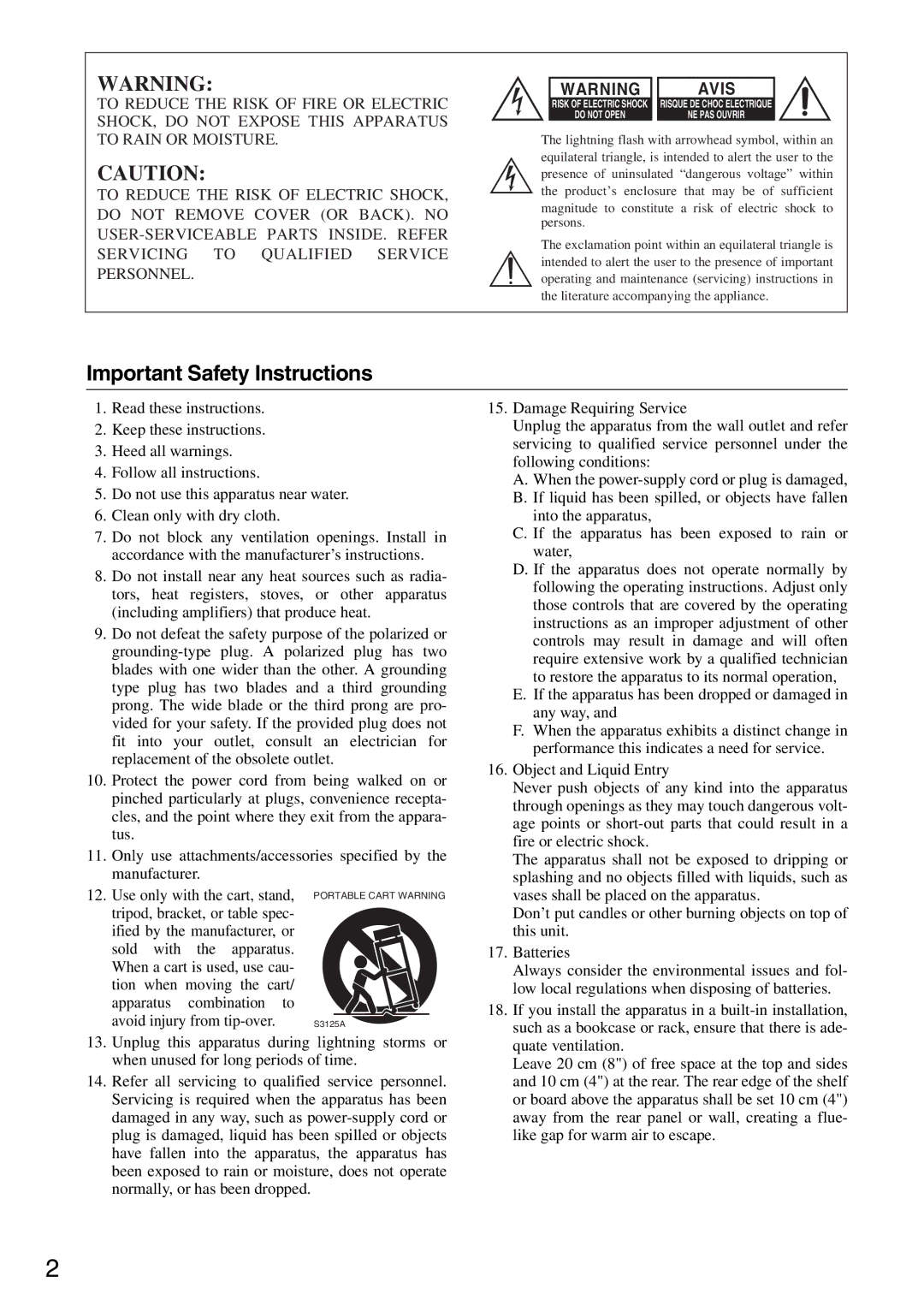 Integra DTR-5.8 instruction manual Important Safety Instructions, Avis 