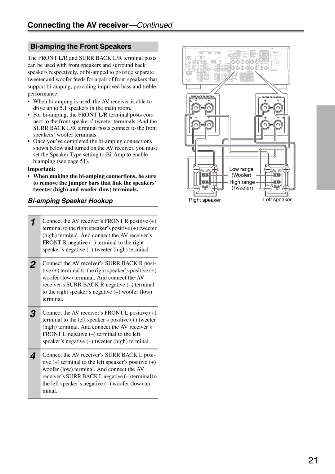 Integra DTR-5.8 instruction manual Bi-amping the Front Speakers, Bi-amping Speaker Hookup 