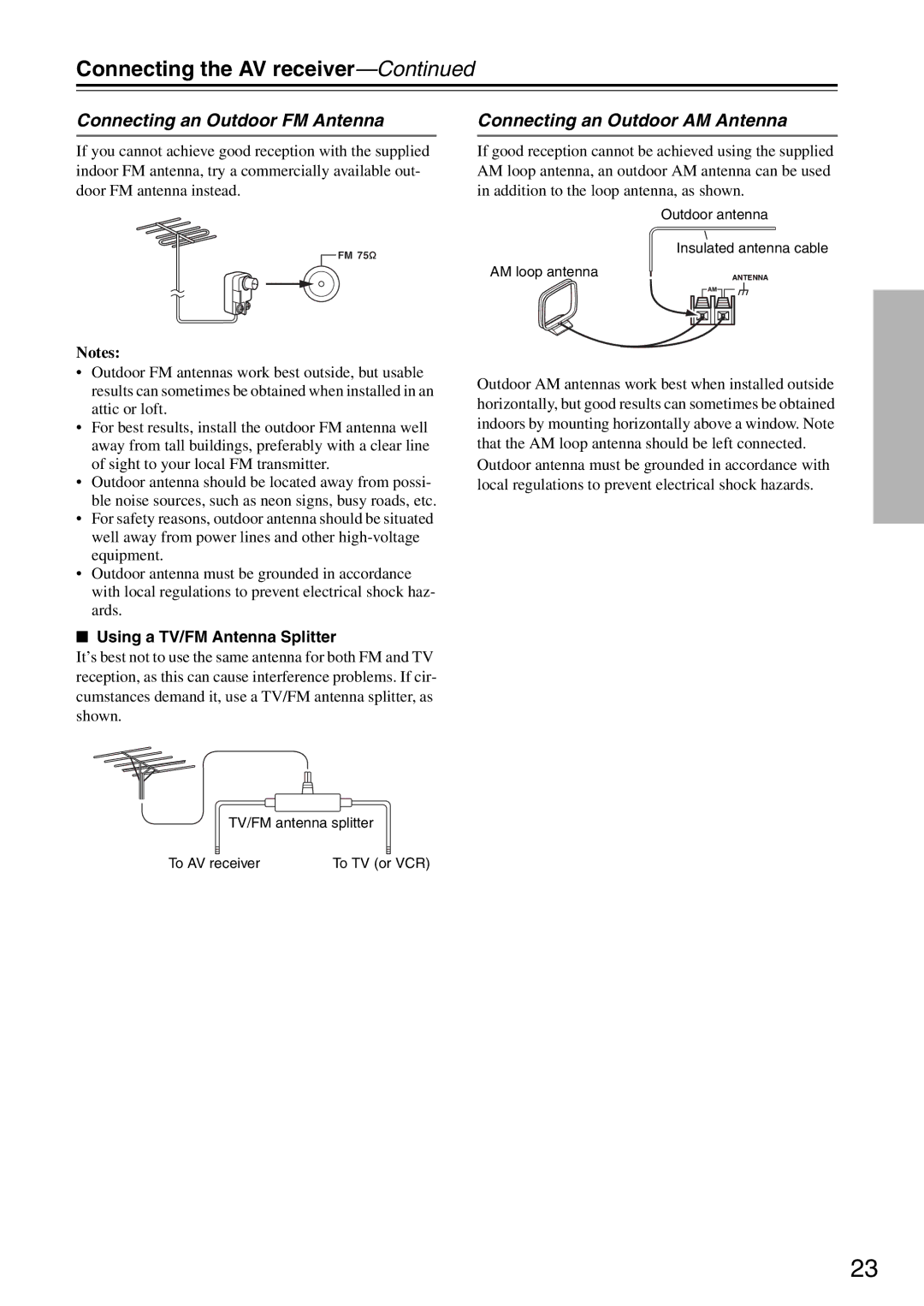 Integra DTR-5.8 Connecting an Outdoor FM Antenna, Connecting an Outdoor AM Antenna, Using a TV/FM Antenna Splitter 