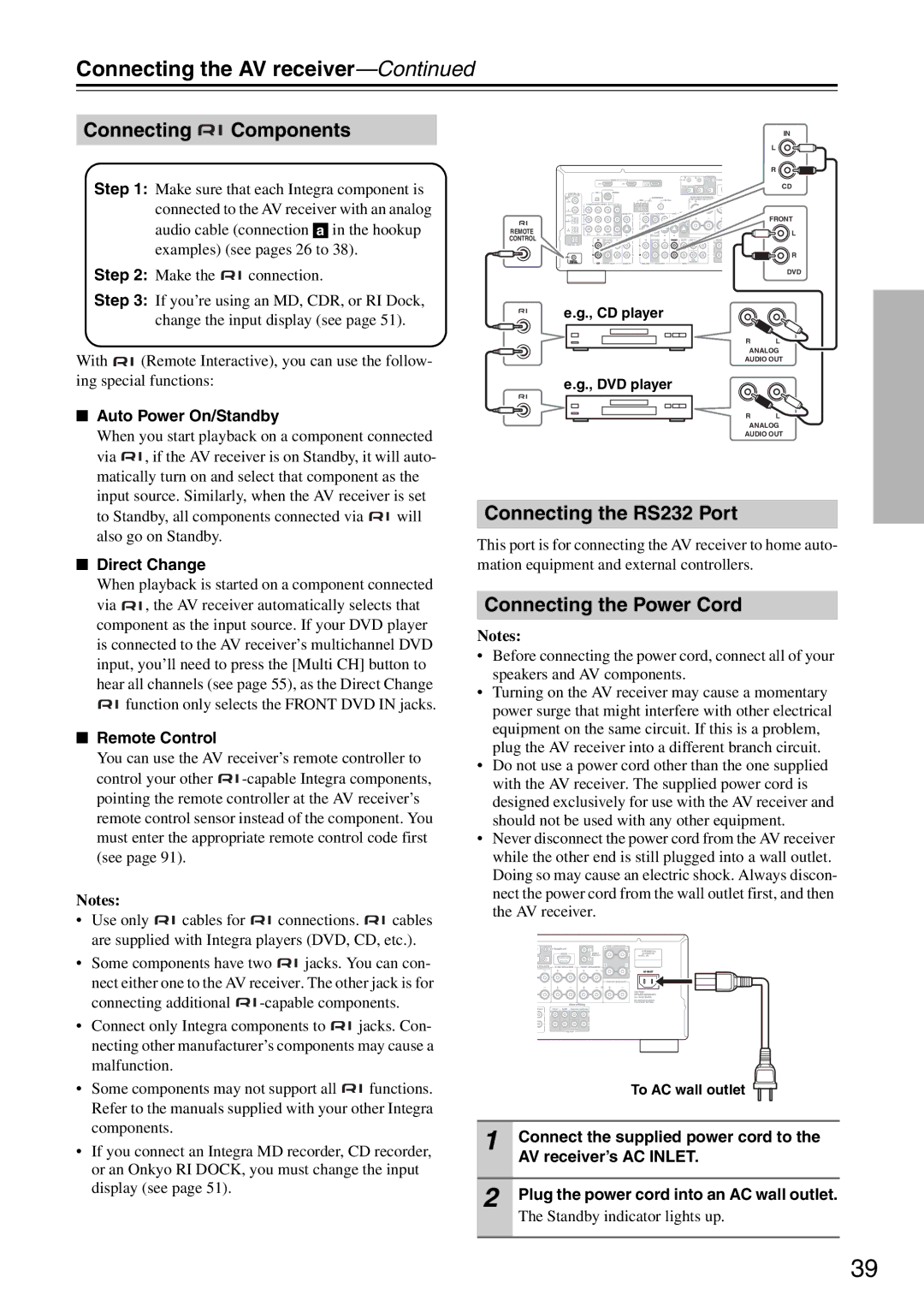 Integra DTR-5.8 instruction manual Connecting Components, Connecting the RS232 Port, Connecting the Power Cord 