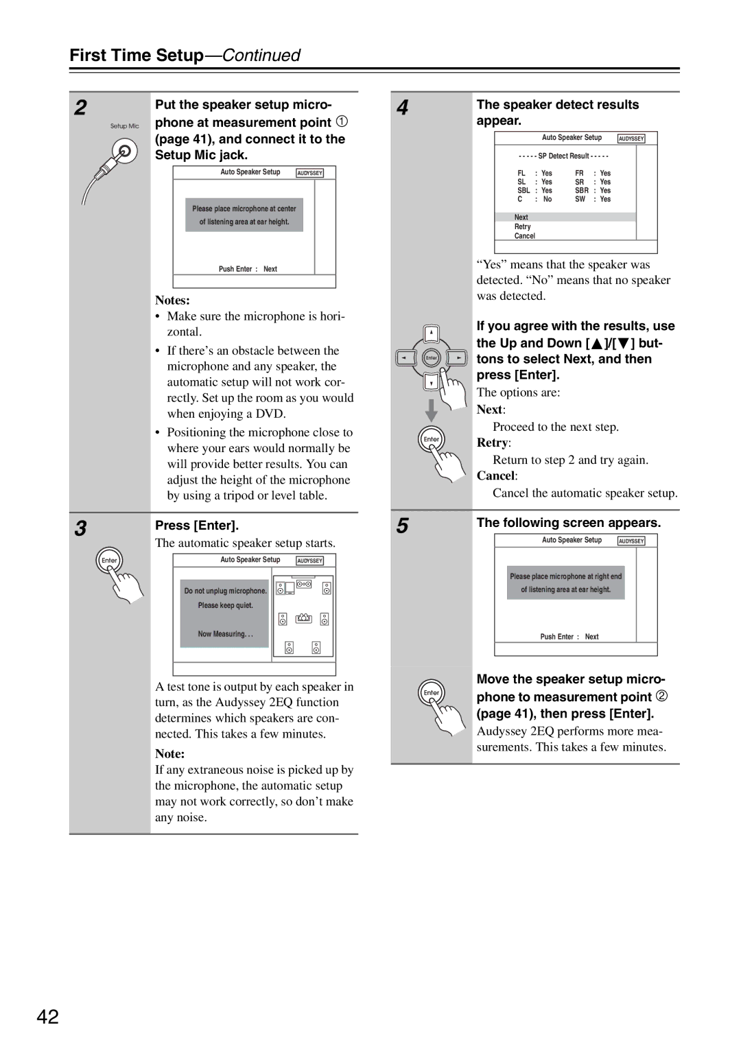 Integra DTR-5.8 instruction manual First Time Setup, Press Enter, Speaker detect results appear, Following screen appears 