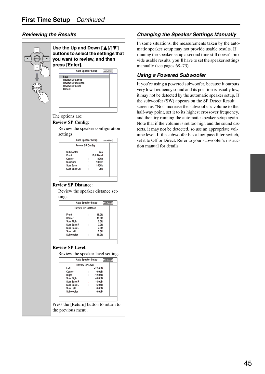 Integra DTR-5.8 instruction manual Reviewing the Results, Changing the Speaker Settings Manually, Using a Powered Subwoofer 