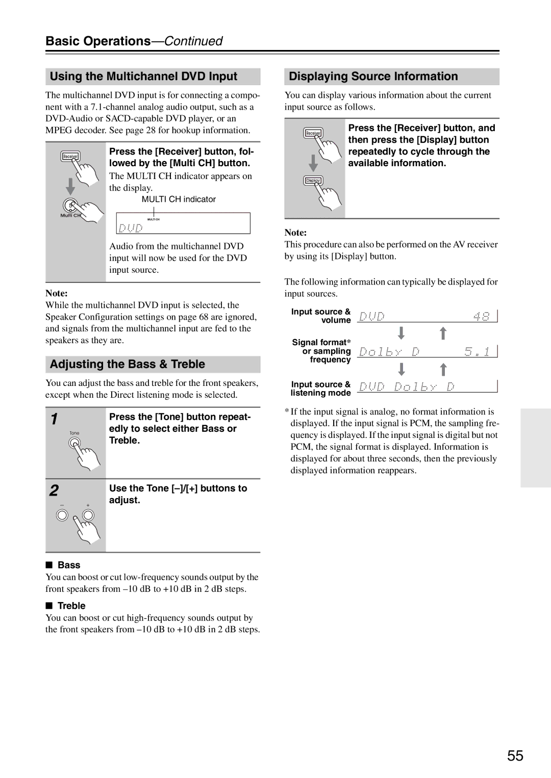 Integra DTR-5.8 instruction manual Basic Operations, Using the Multichannel DVD Input, Adjusting the Bass & Treble 