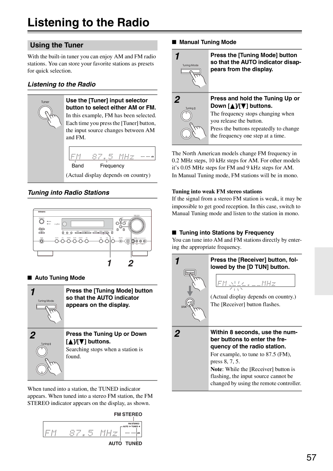 Integra DTR-5.8 instruction manual Listening to the Radio, Using the Tuner, Tuning into Radio Stations 