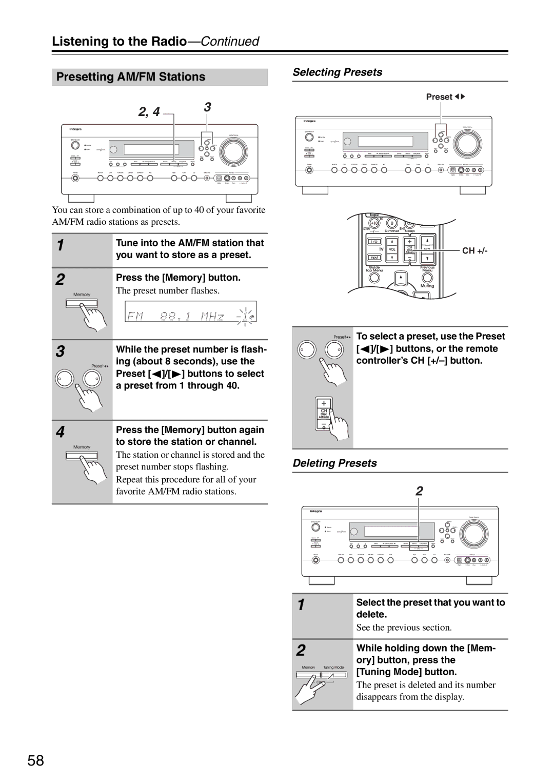 Integra DTR-5.8 Listening to the Radio, Selecting Presets, Deleting Presets, Select the preset that you want to delete 