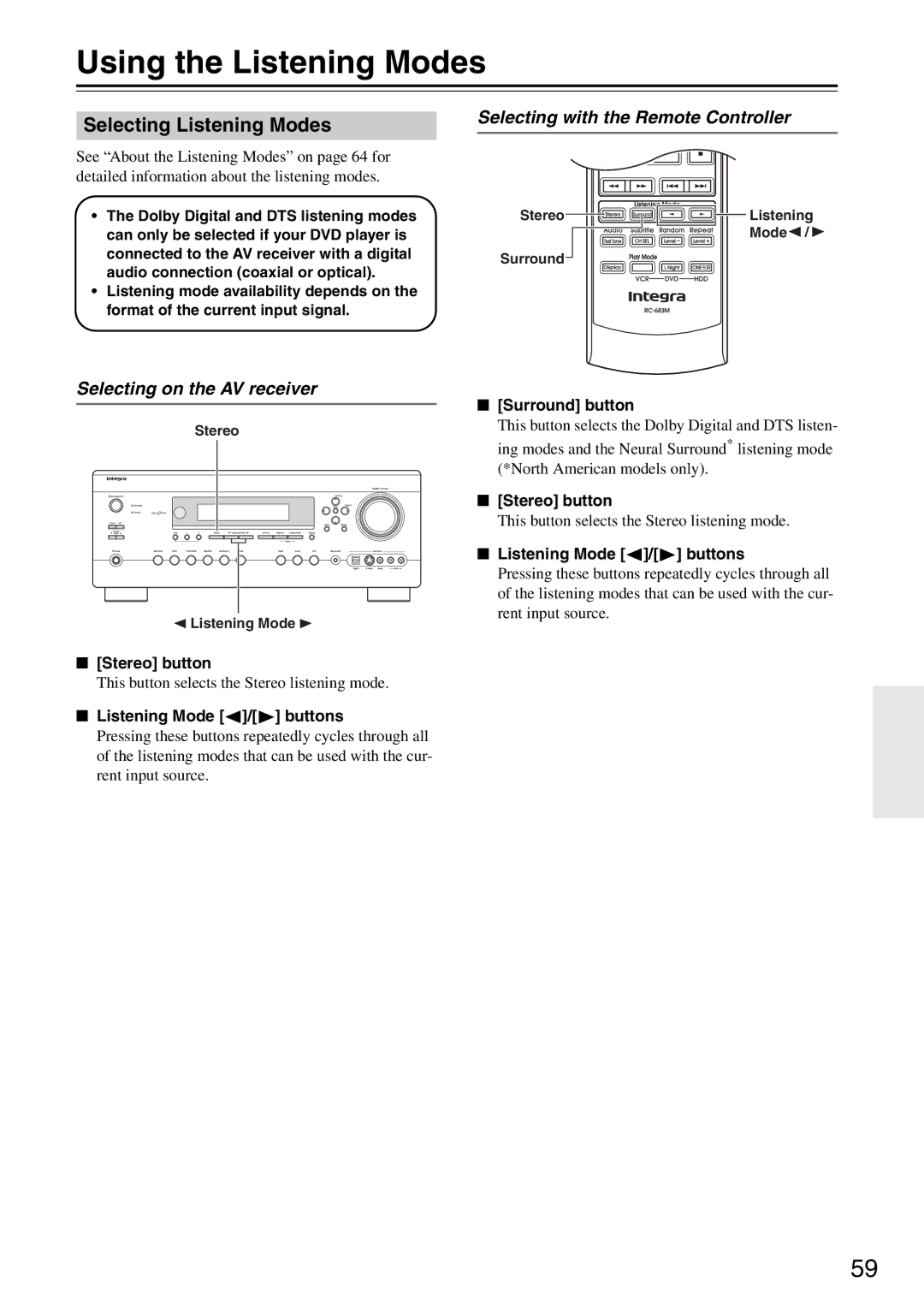 Integra DTR-5.8 Using the Listening Modes, Selecting Listening Modes, Selecting with the Remote Controller 