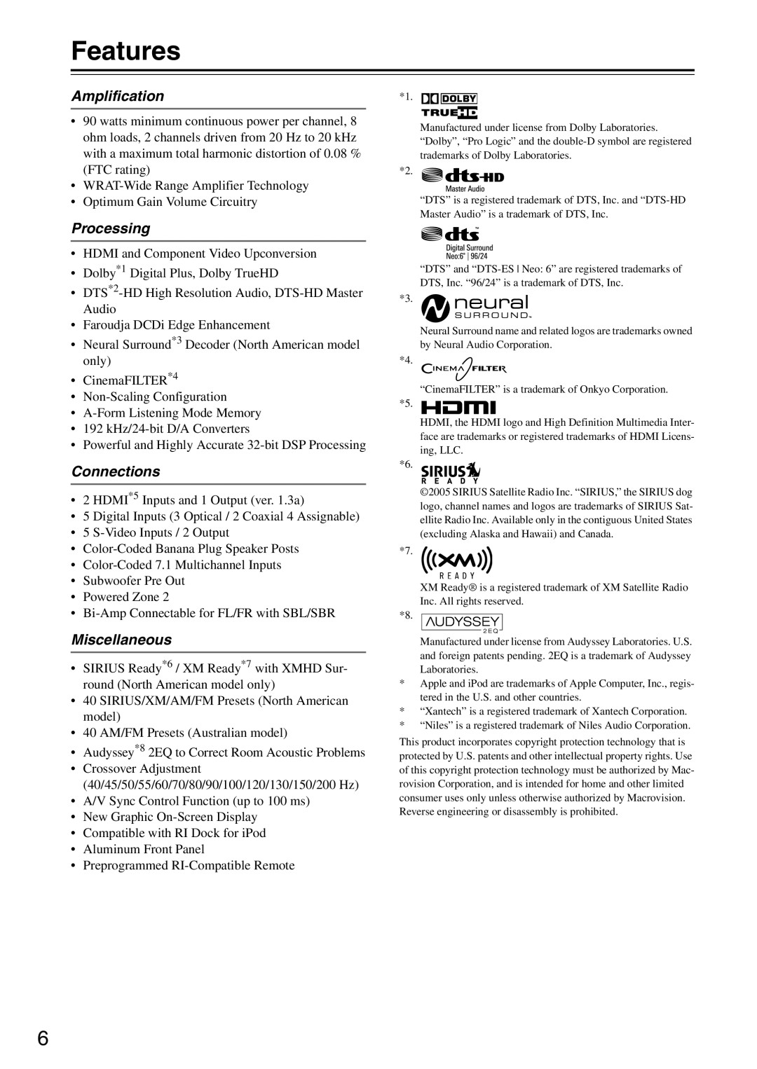 Integra DTR-5.8 instruction manual Features, Amplification, Processing, Connections, Miscellaneous 