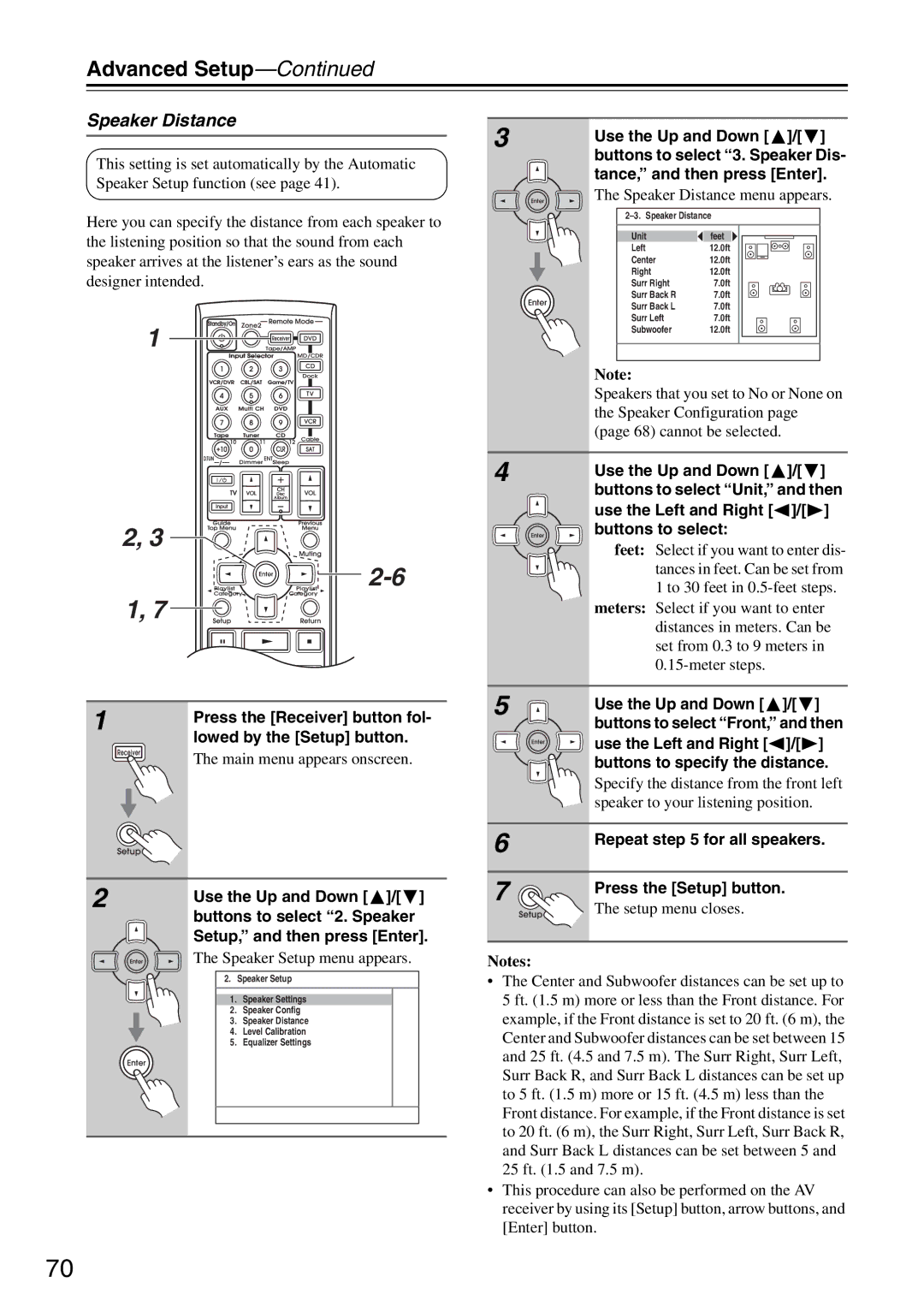 Integra DTR-5.8 instruction manual Speaker Distance, Tance, and then press Enter, Use the Left and Right Buttons to select 