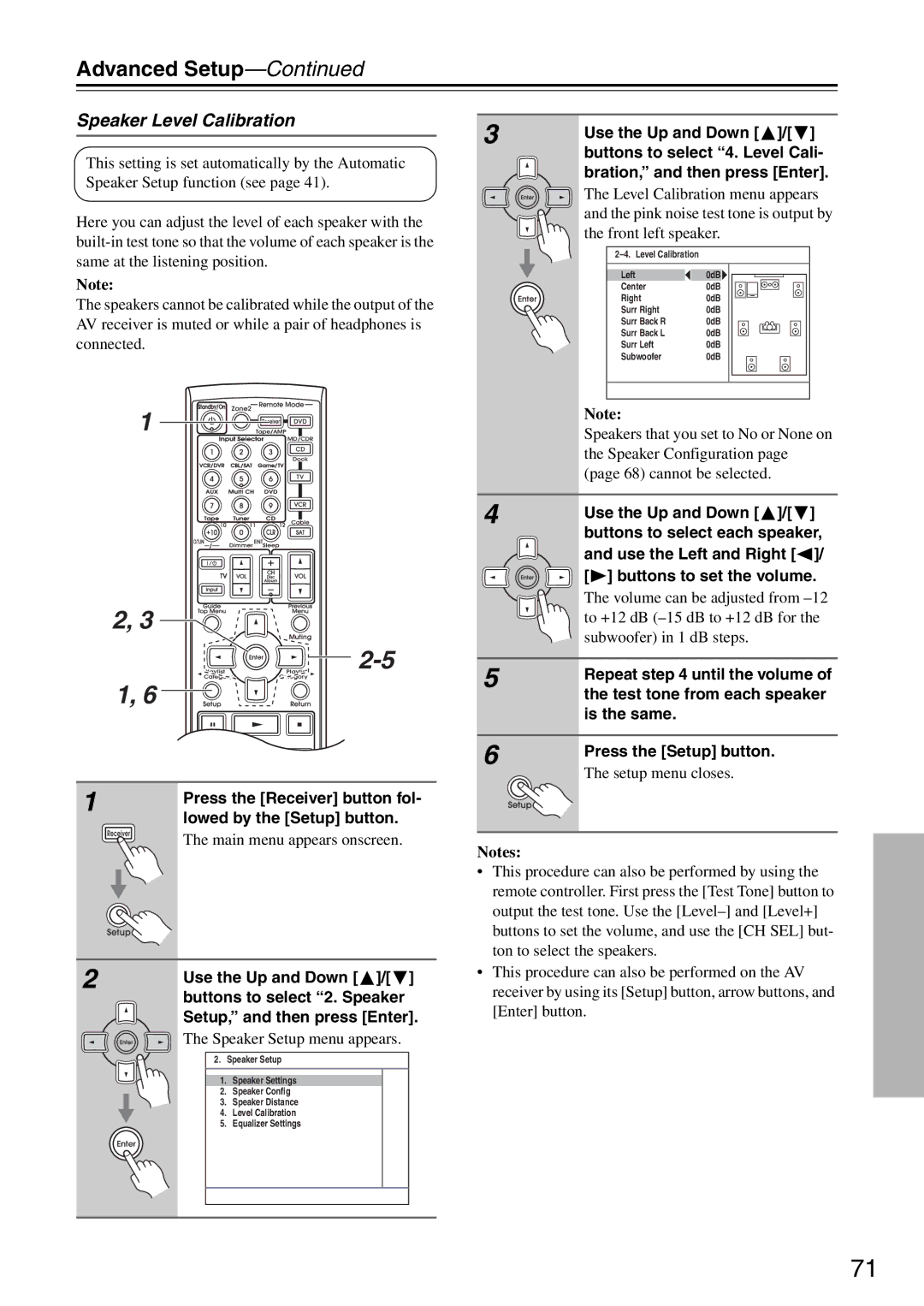 Integra DTR-5.8 Speaker Level Calibration, Buttons to select 4. Level Cali, Bration, and then press Enter 