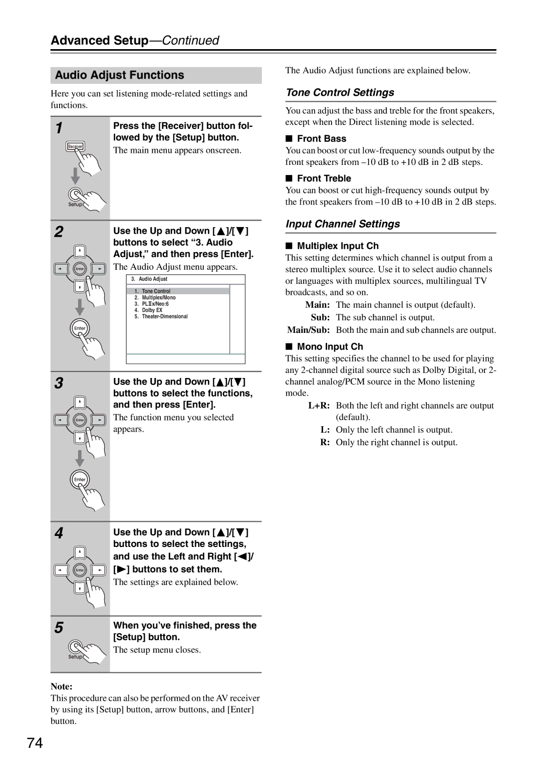 Integra DTR-5.8 instruction manual Audio Adjust Functions, Tone Control Settings, Input Channel Settings 