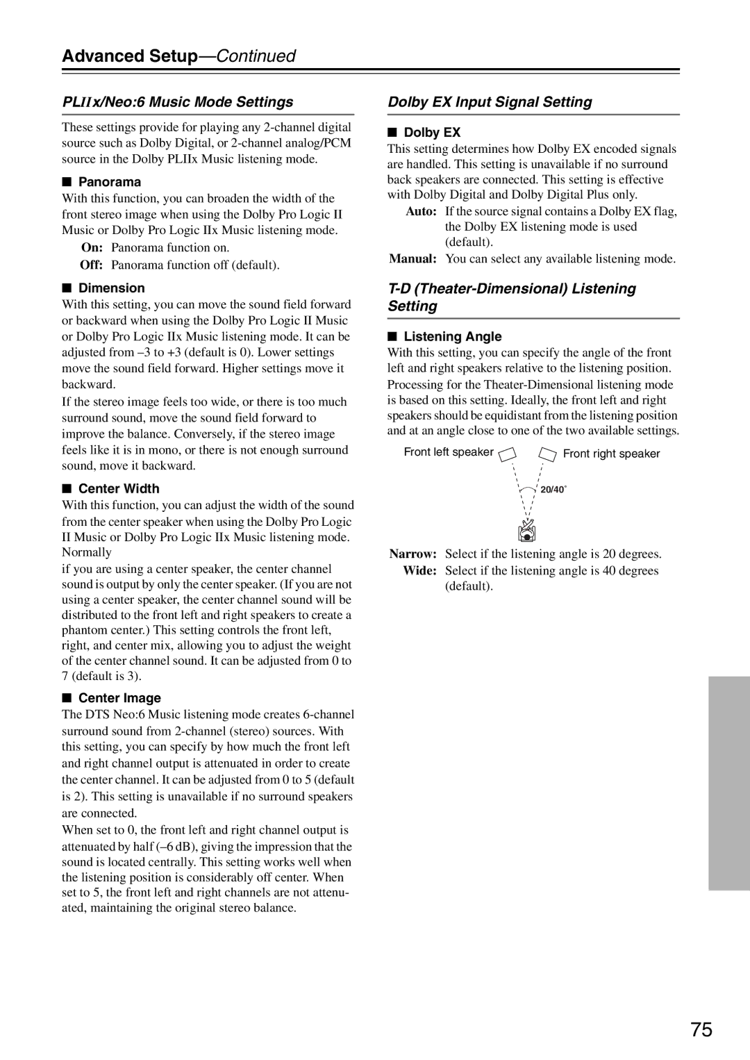 Integra DTR-5.8 PLIIx/Neo6 Music Mode Settings, Dolby EX Input Signal Setting, Theater-Dimensional Listening Setting 