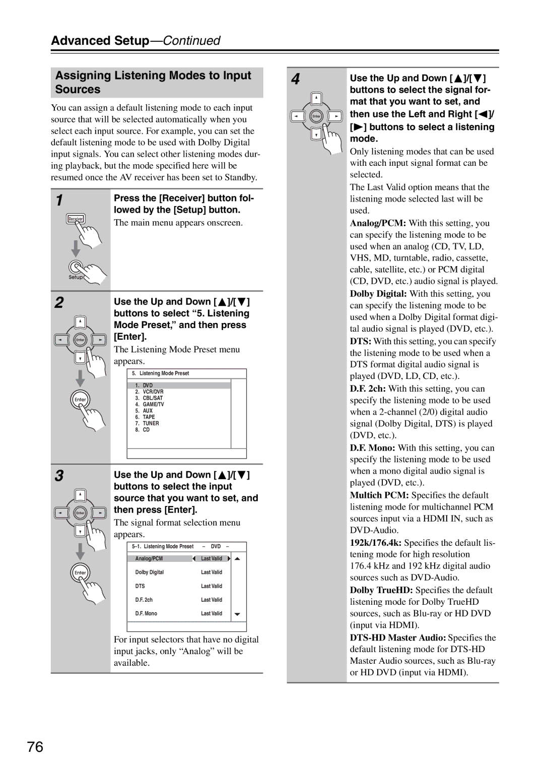 Integra DTR-5.8 instruction manual Assigning Listening Modes to Input, Sources 