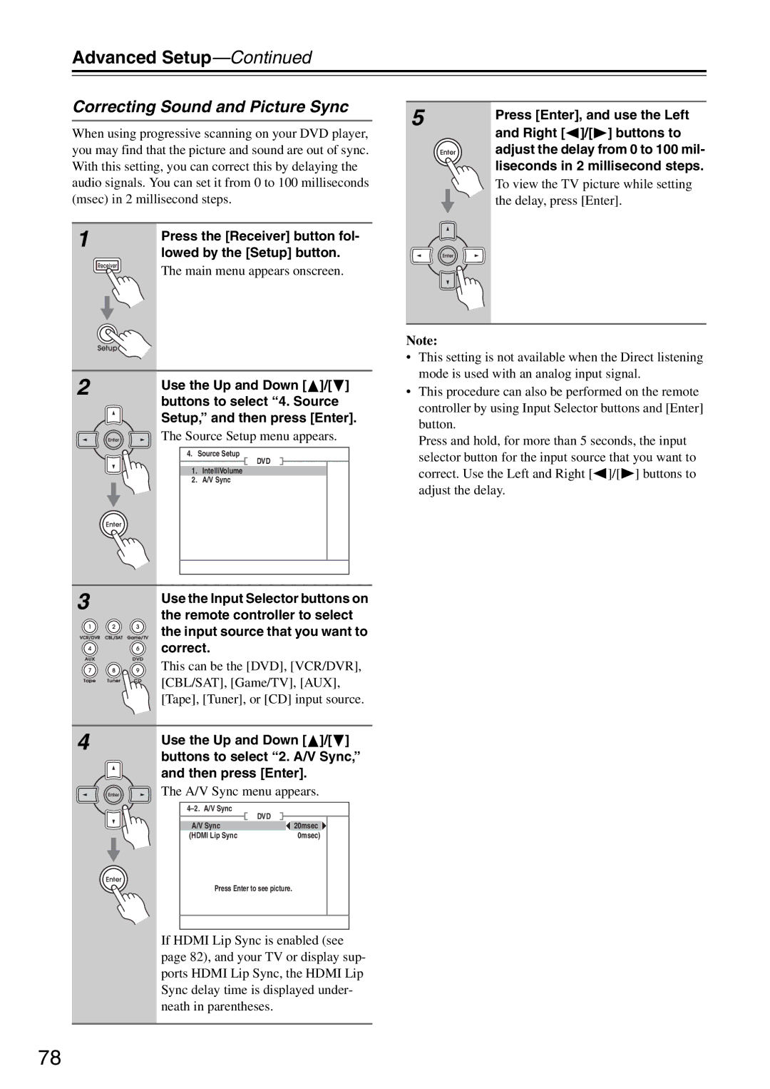 Integra DTR-5.8 instruction manual Press Enter, and use the Left, Right / buttons to, Liseconds in 2 millisecond steps 