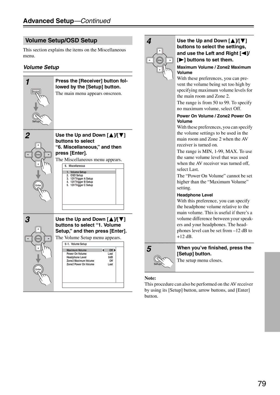 Integra DTR-5.8 instruction manual Volume Setup/OSD Setup, Buttons to select 1. Volume, Volume Setup menu appears 