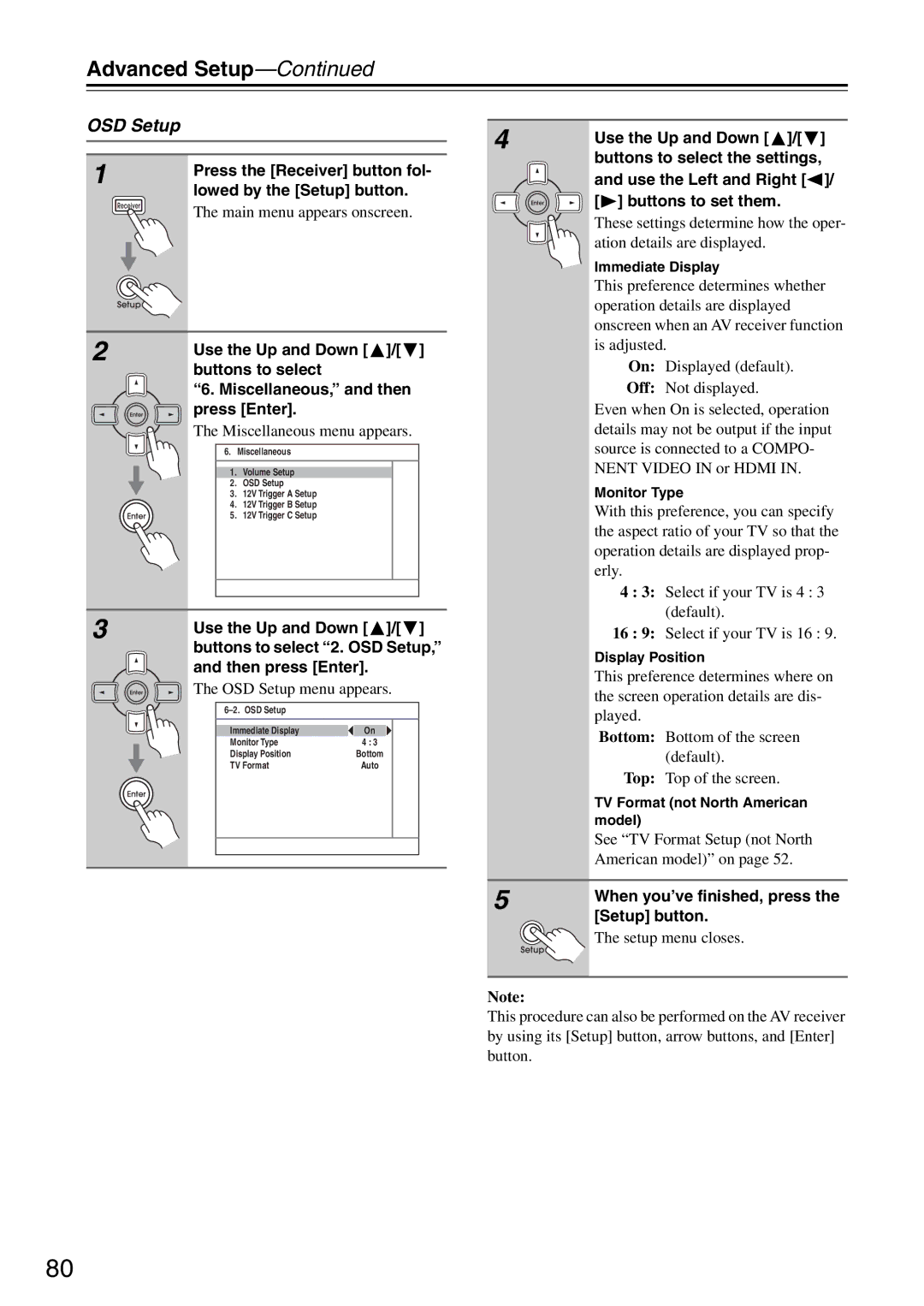 Integra DTR-5.8 instruction manual OSD Setup, Then press Enter 