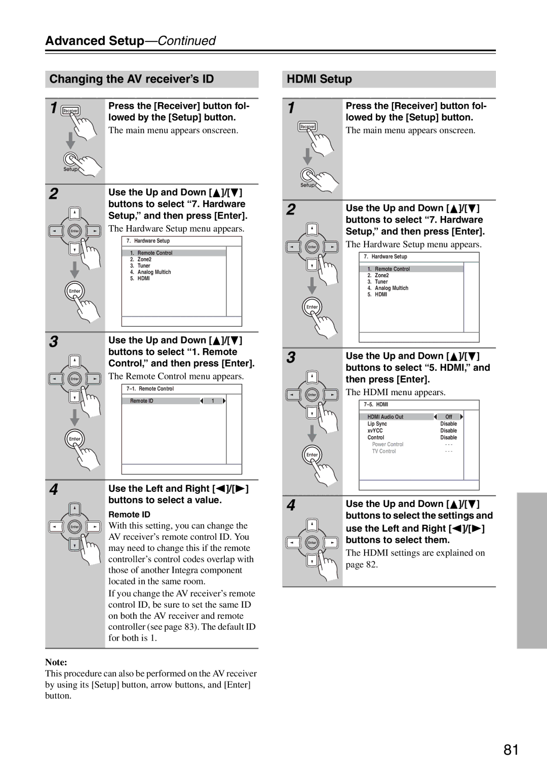 Integra DTR-5.8 instruction manual Changing the AV receiver’s ID, Hdmi Setup 