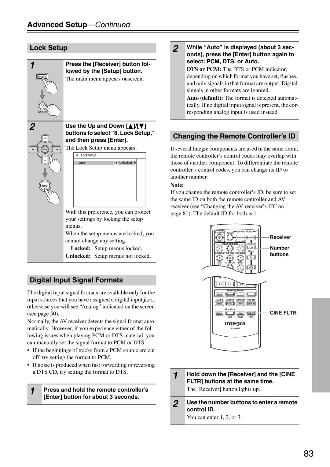 Integra DTR-5.8 instruction manual Lock Setup, Digital Input Signal Formats, Changing the Remote Controller’s ID 