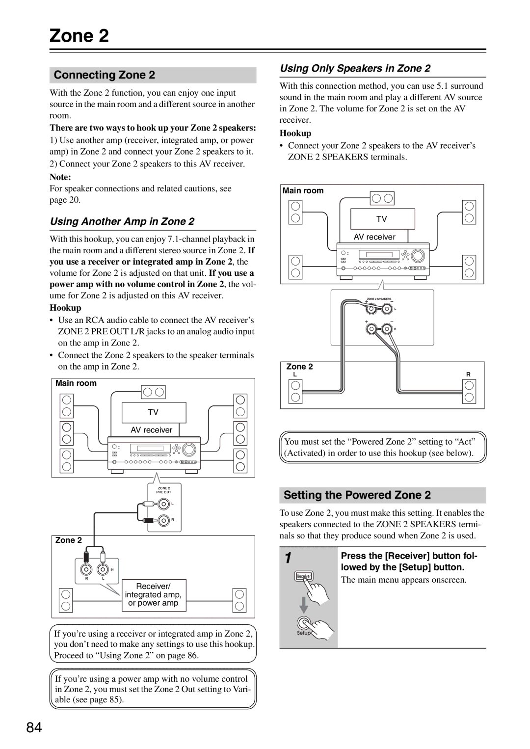 Integra DTR-5.8 Connecting Zone, Setting the Powered Zone, Using Another Amp in Zone, Using Only Speakers in Zone 