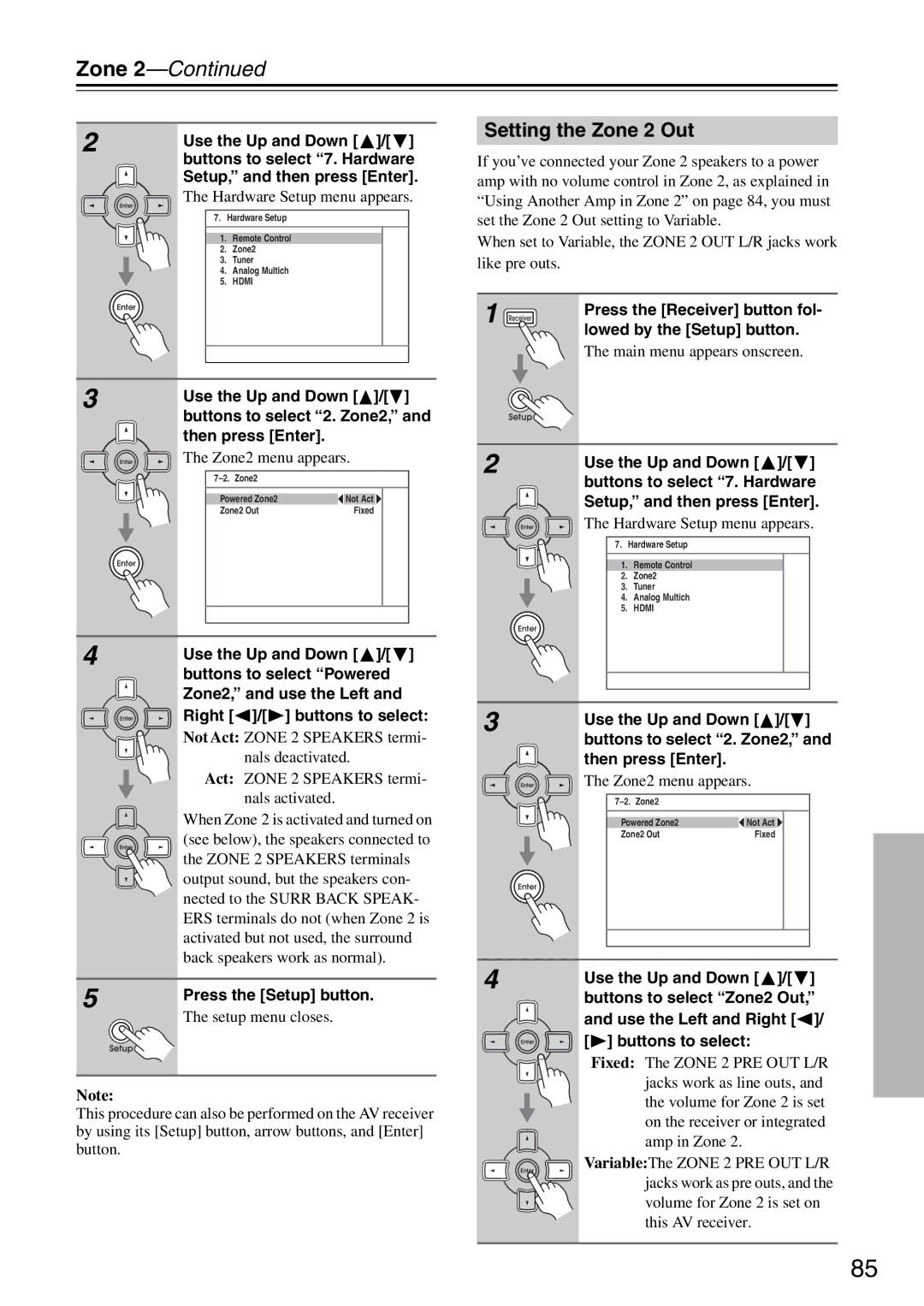 Integra DTR-5.8 instruction manual Setting the Zone 2 Out, Buttons to select 2. Zone2, Zone2 menu appears 