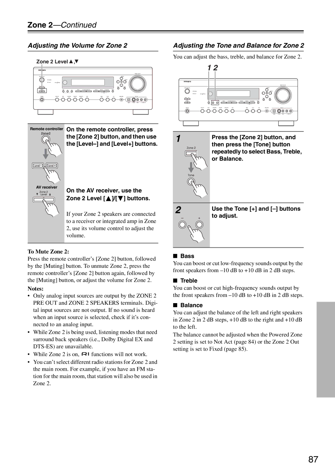 Integra DTR-5.8 Adjusting the Volume for Zone, Adjusting the Tone and Balance for Zone, On the AV receiver, use 