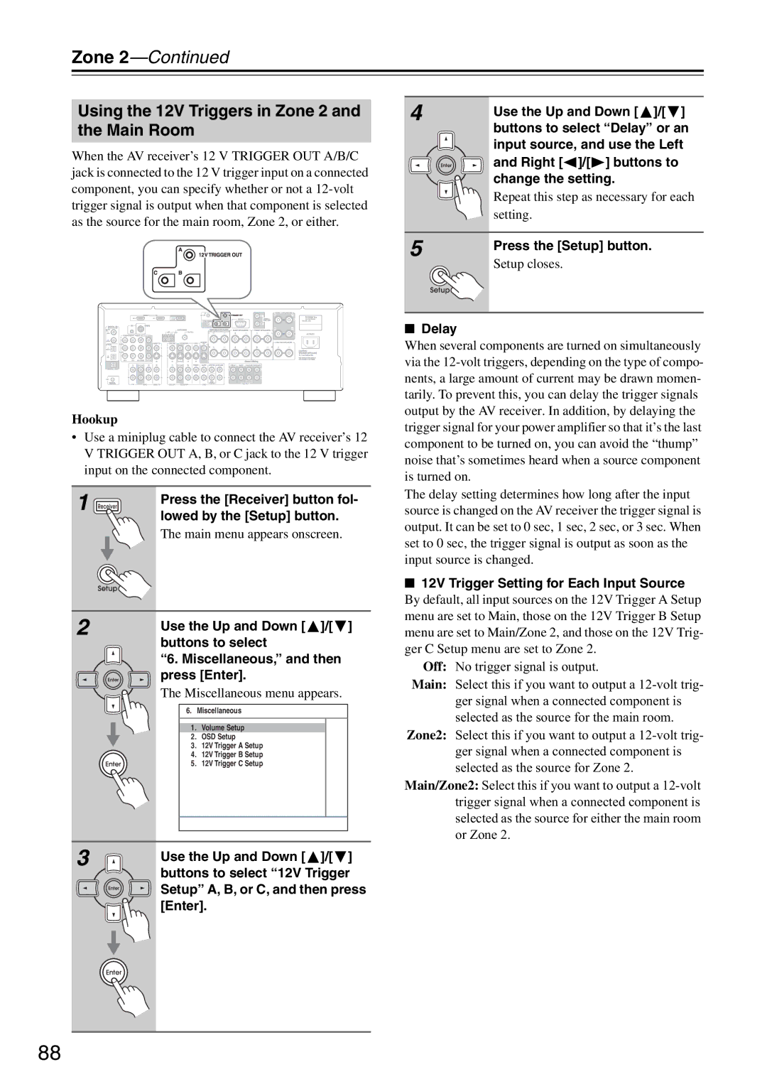 Integra DTR-5.8 instruction manual Using the 12V Triggers in Zone 2 and the Main Room, Main menu appears onscreen, Delay 