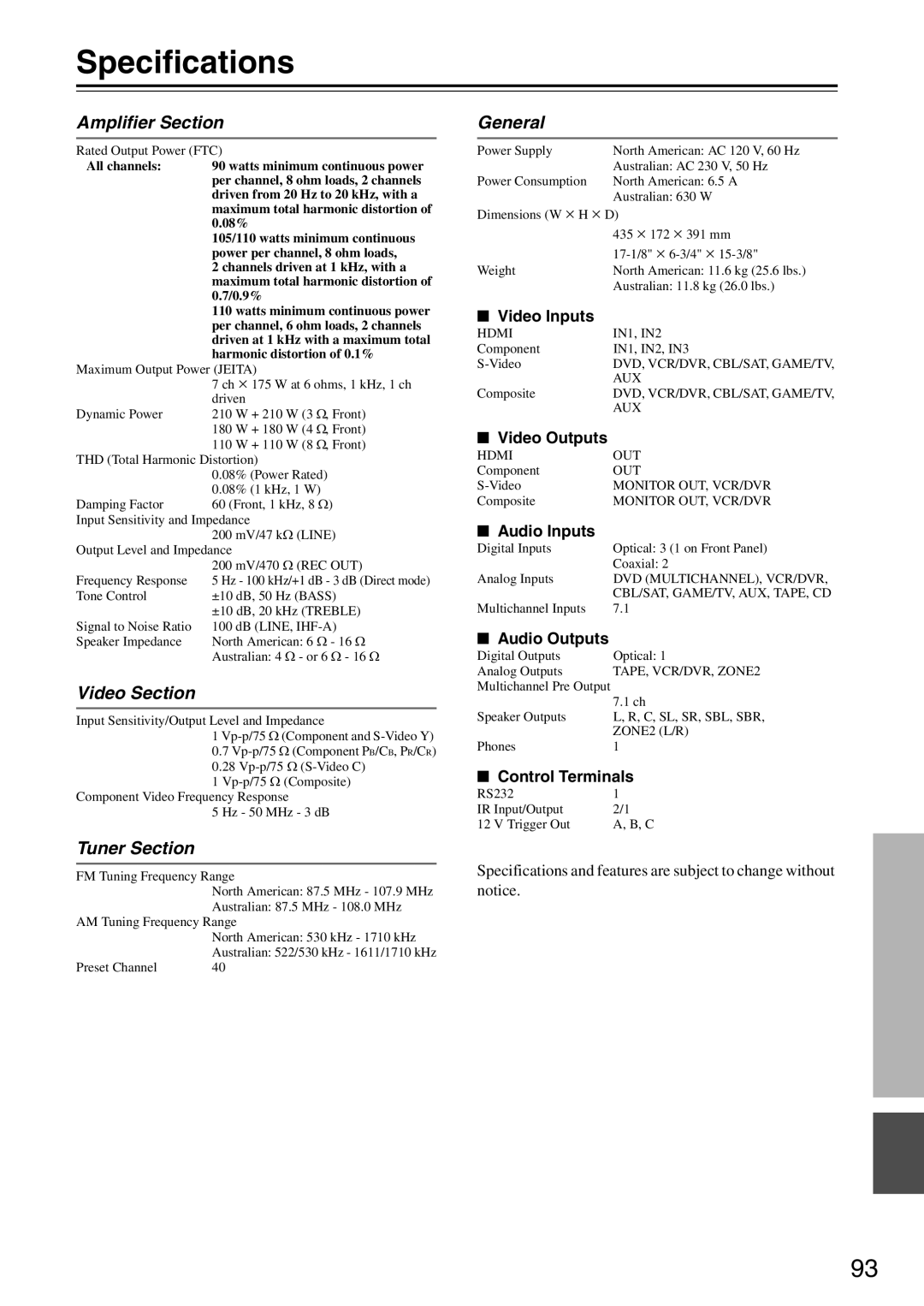 Integra DTR-5.8 instruction manual Specifications, Amplifier Section, Video Section, Tuner Section, General 