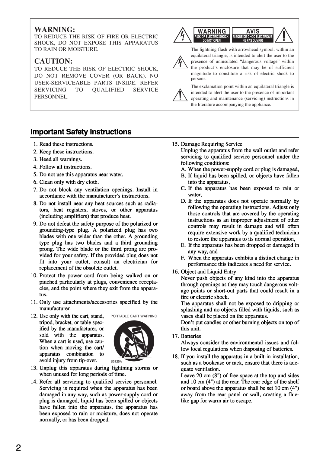 Integra DTR-5.8 instruction manual Important Safety Instructions, Avis 