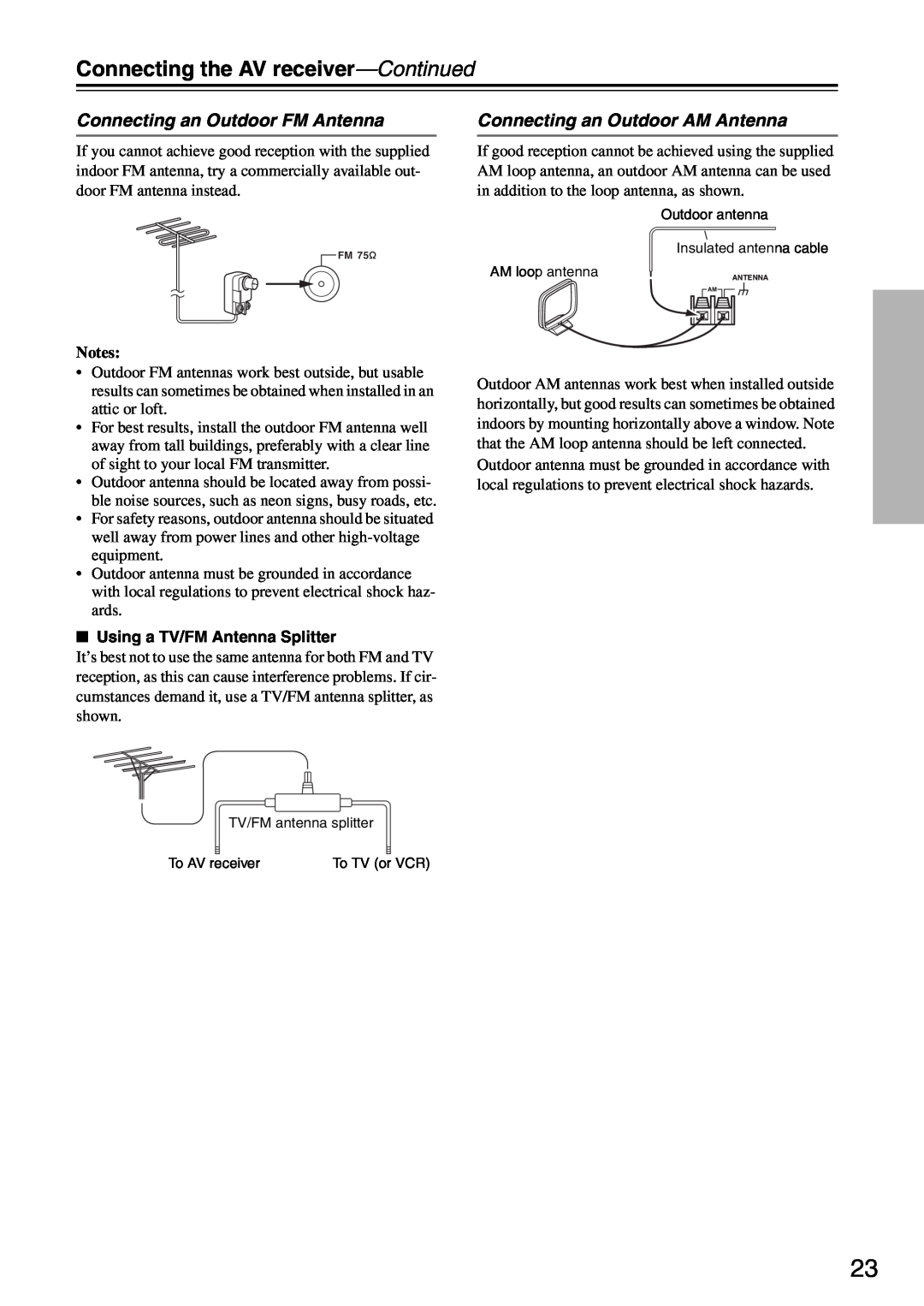 Integra DTR-5.8 Connecting an Outdoor FM Antenna, Connecting an Outdoor AM Antenna, Connecting the AV receiver-Continued 
