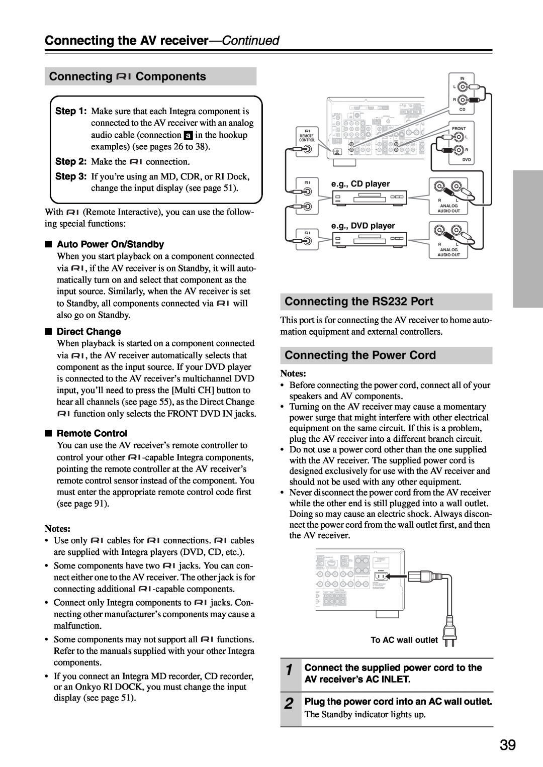 Integra DTR-5.8 instruction manual Connecting Components, Connecting the RS232 Port, Connecting the Power Cord, Notes 