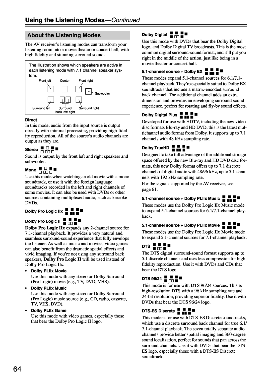 Integra DTR-5.8 instruction manual About the Listening Modes, Using the Listening Modes—Continued 
