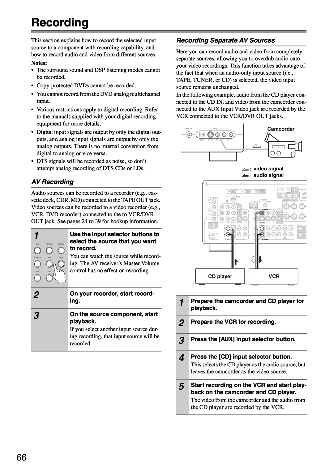 Integra DTR-5.8 instruction manual AV Recording, Recording Separate AV Sources, Notes 