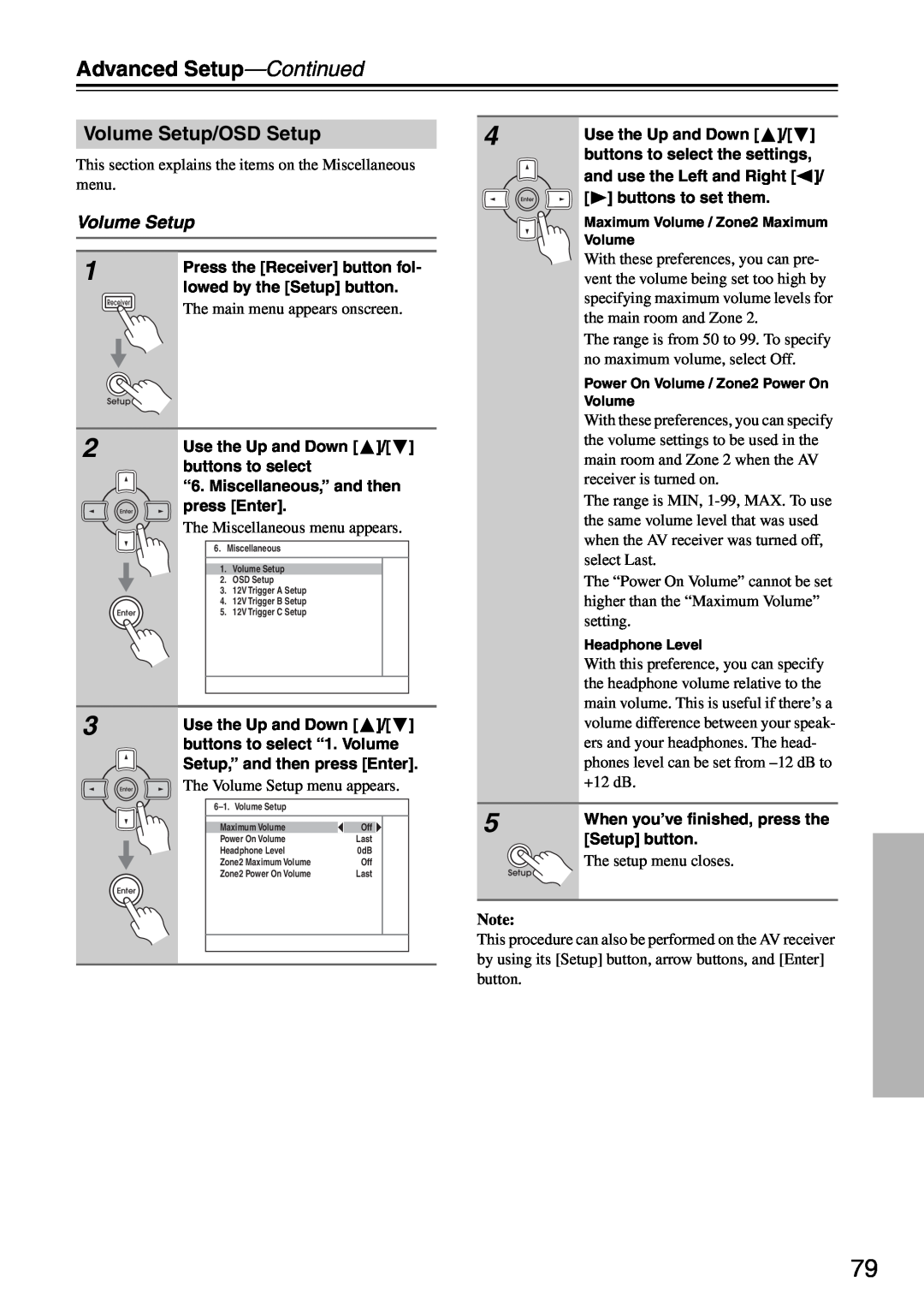 Integra DTR-5.8 instruction manual Volume Setup/OSD Setup, The Volume Setup menu appears, Advanced Setup—Continued 