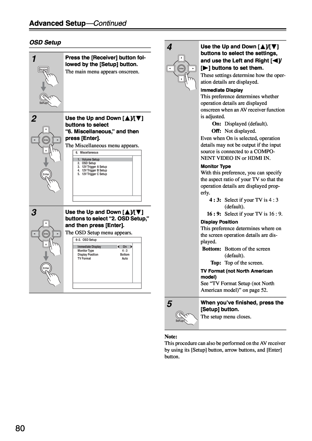 Integra DTR-5.8 instruction manual 4 : 16, Advanced Setup—Continued, The OSD Setup menu appears 